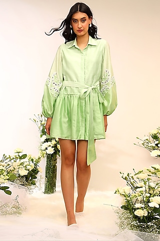Kiwi Green Chanderi Silk Hand & Machine Embroidered Mini Shirt Dress by Sakshi Khetterpal