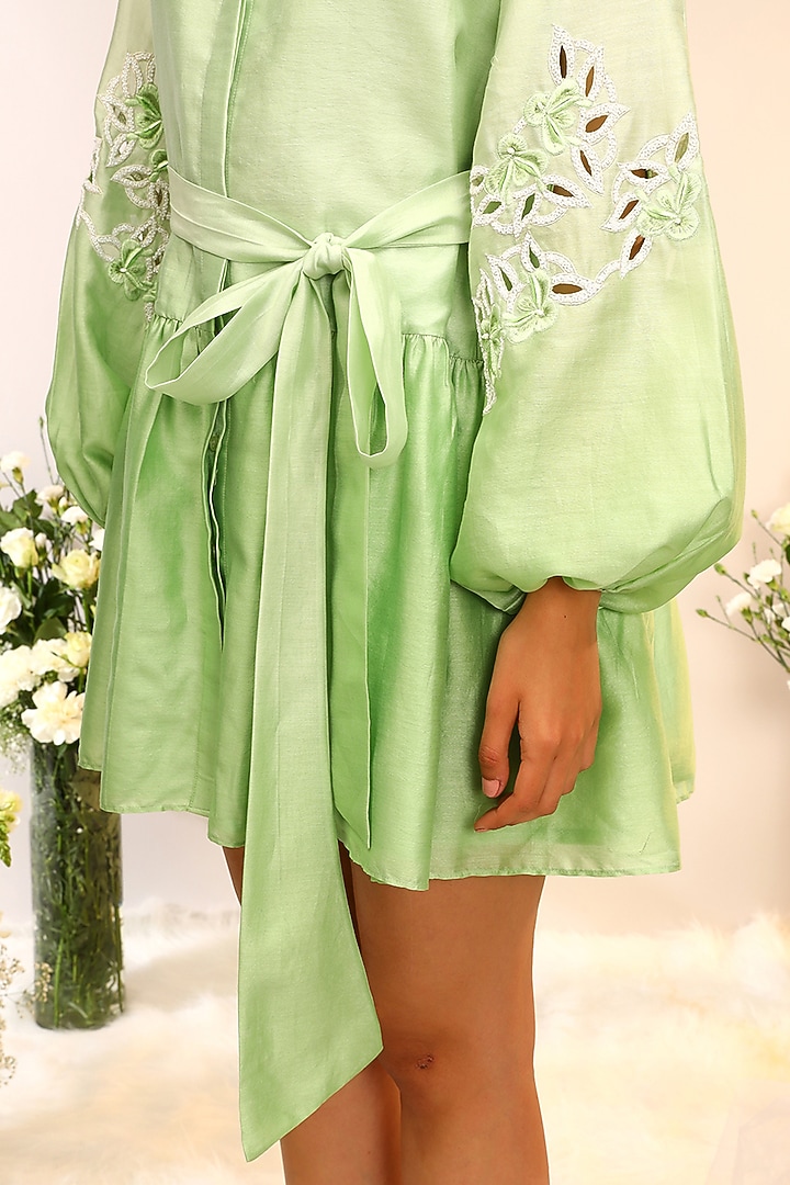 Kiwi Green Chanderi Silk Hand & Machine Embroidered Mini Vacation Shirt Dress by Sakshi Khetterpal at Pernia's Pop Up Shop