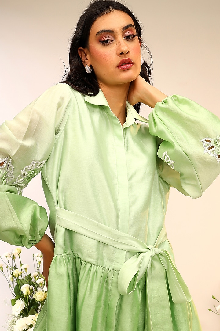 Kiwi Green Chanderi Silk Hand & Machine Embroidered Mini Vacation Shirt Dress by Sakshi Khetterpal at Pernia's Pop Up Shop