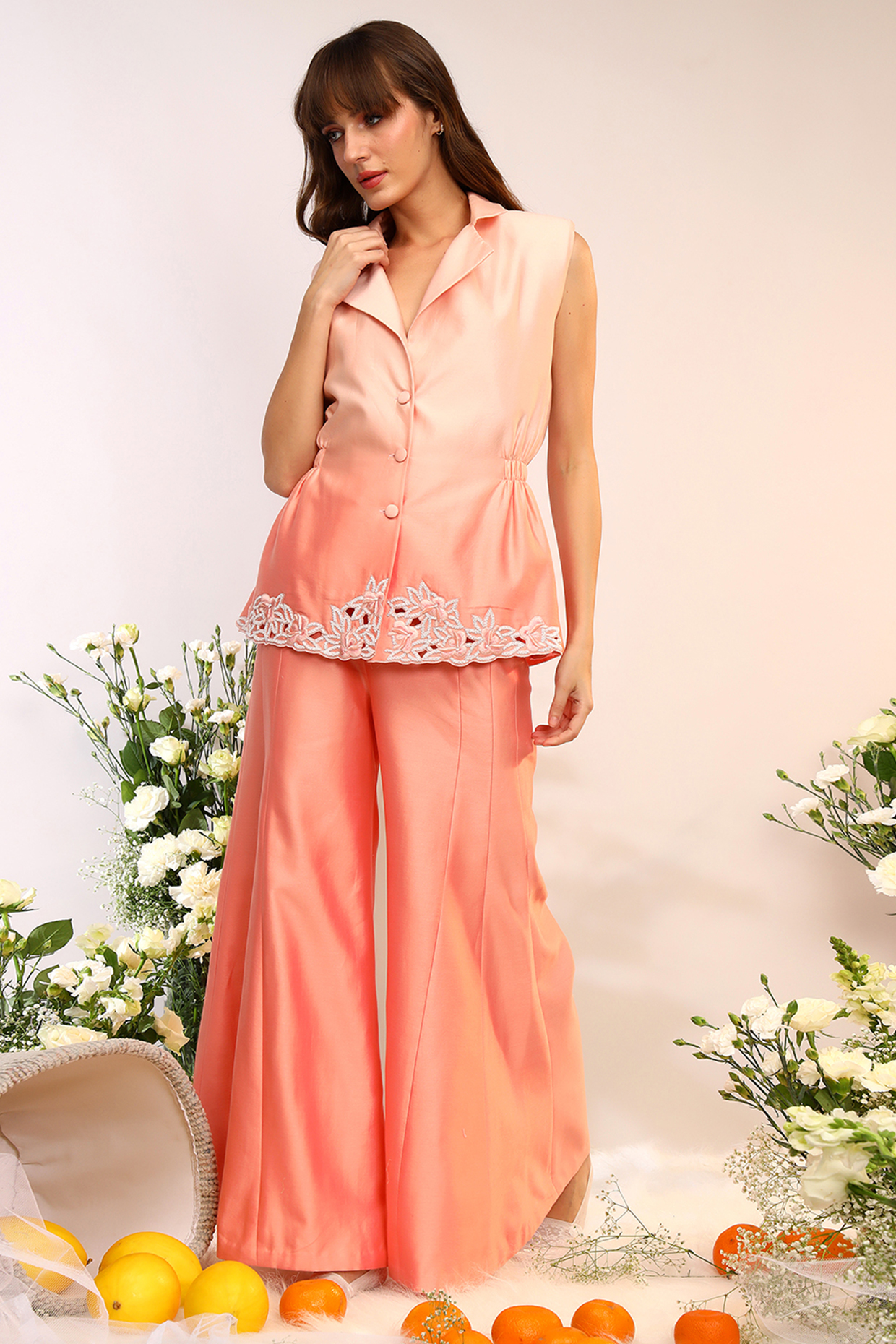 Peach Fuzz Chanderi Silk Hand & Machine Embroidered Blazer Set by Sakshi Khetterpal at Pernia's Pop Up Shop