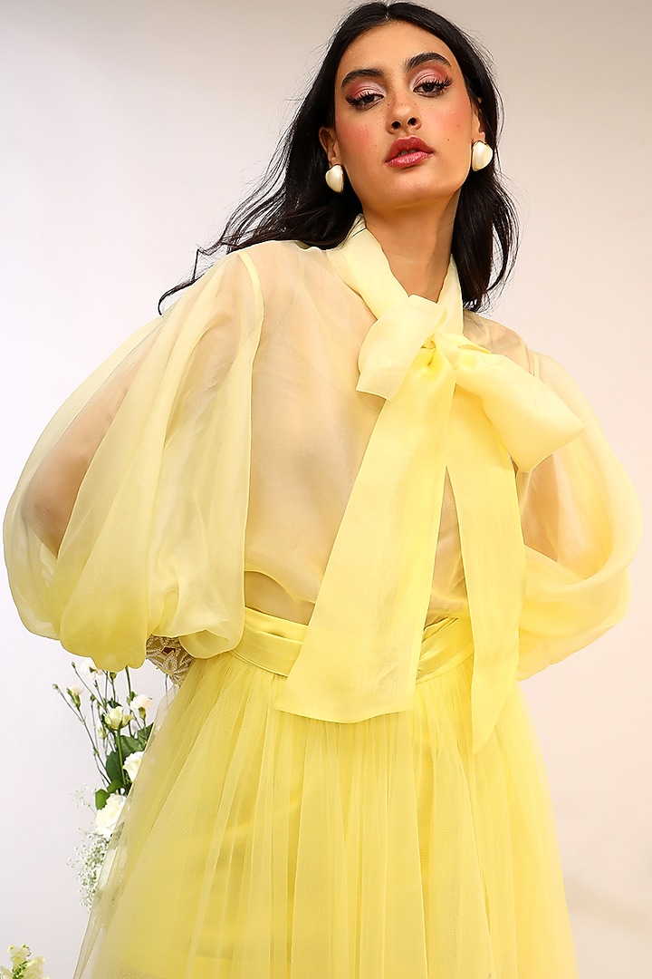 Citrus Yellow Tulle Skirt Set by Sakshi Khetterpal at Pernia's Pop Up Shop