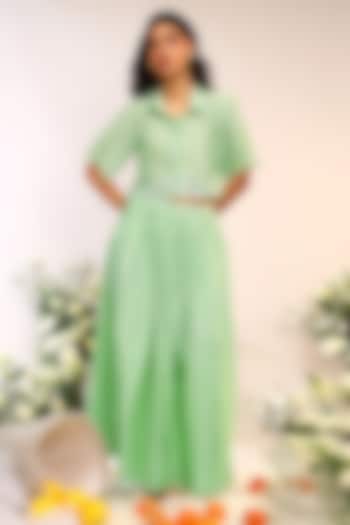 Kiwi Green Chanderi Silk Gathered Skirt Set by Sakshi Khetterpal at Pernia's Pop Up Shop