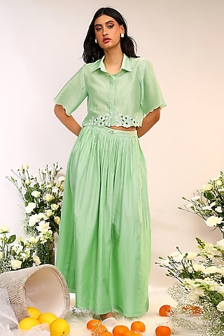 Kiwi Green Chanderi Silk Gathered Skirt Set by Sakshi Khetterpal