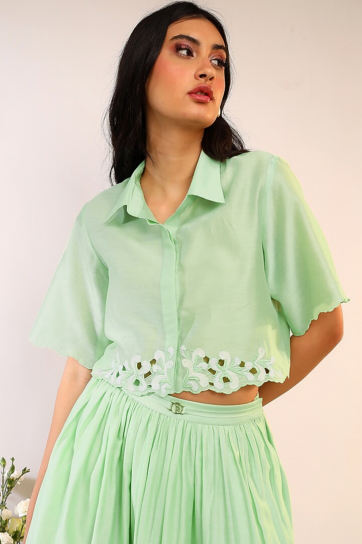Kiwi Green Chanderi Silk Gathered Skirt Set by Sakshi Khetterpal at Pernia's Pop Up Shop