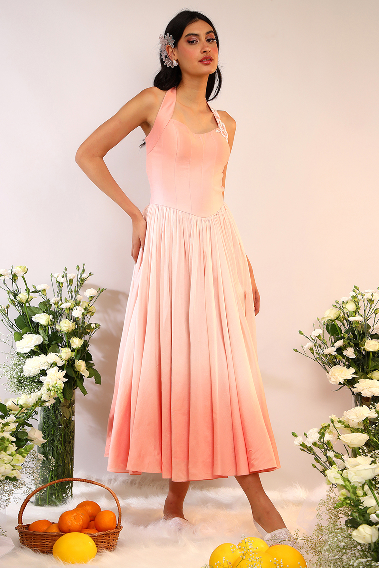 Peach Fuzz Chanderi Silk Hand & Machine Embroidered Midi Cocktail Dress by Sakshi Khetterpal at Pernia's Pop Up Shop