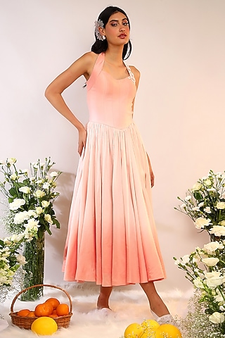 Peach Fuzz Chanderi Silk Hand & Machine Embroidered Midi Dress by Sakshi Khetterpal