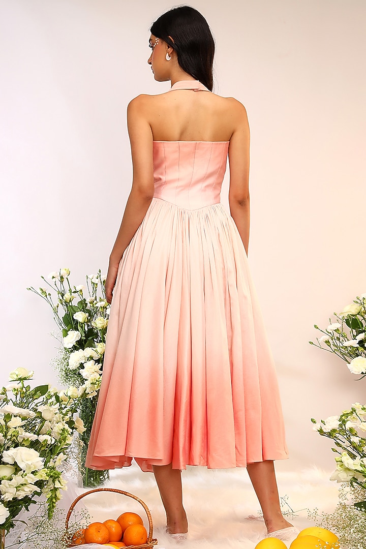 Peach Fuzz Chanderi Silk Hand & Machine Embroidered Midi Cocktail Dress by Sakshi Khetterpal at Pernia's Pop Up Shop