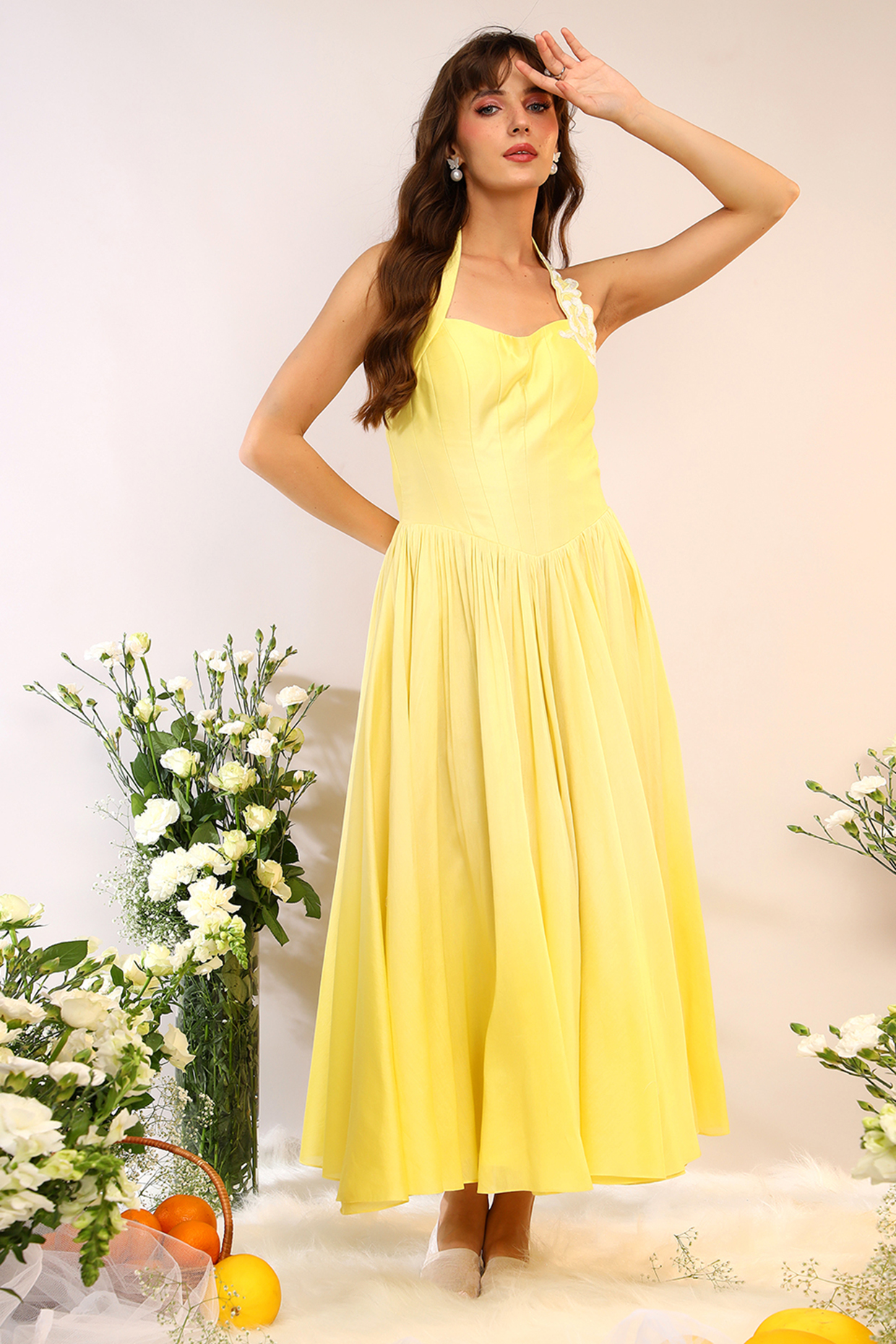 Citrus Yellow Chanderi Silk Hand & Machine Embroidered Midi Cocktail Dress by Sakshi Khetterpal at Pernia's Pop Up Shop