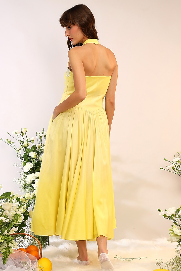 Citrus Yellow Chanderi Silk Hand & Machine Embroidered Midi Cocktail Dress by Sakshi Khetterpal at Pernia's Pop Up Shop