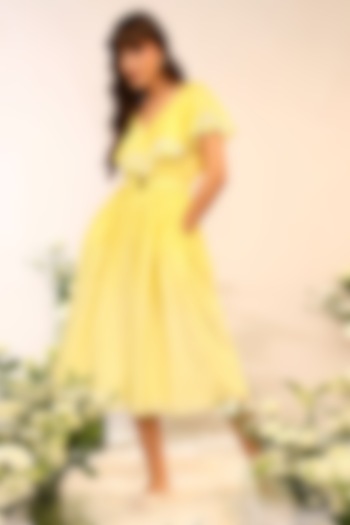 Citrus Yellow Chanderi Silk Hand & Machine Embroidered Midi Frilled Cocktail Dress by Sakshi Khetterpal at Pernia's Pop Up Shop