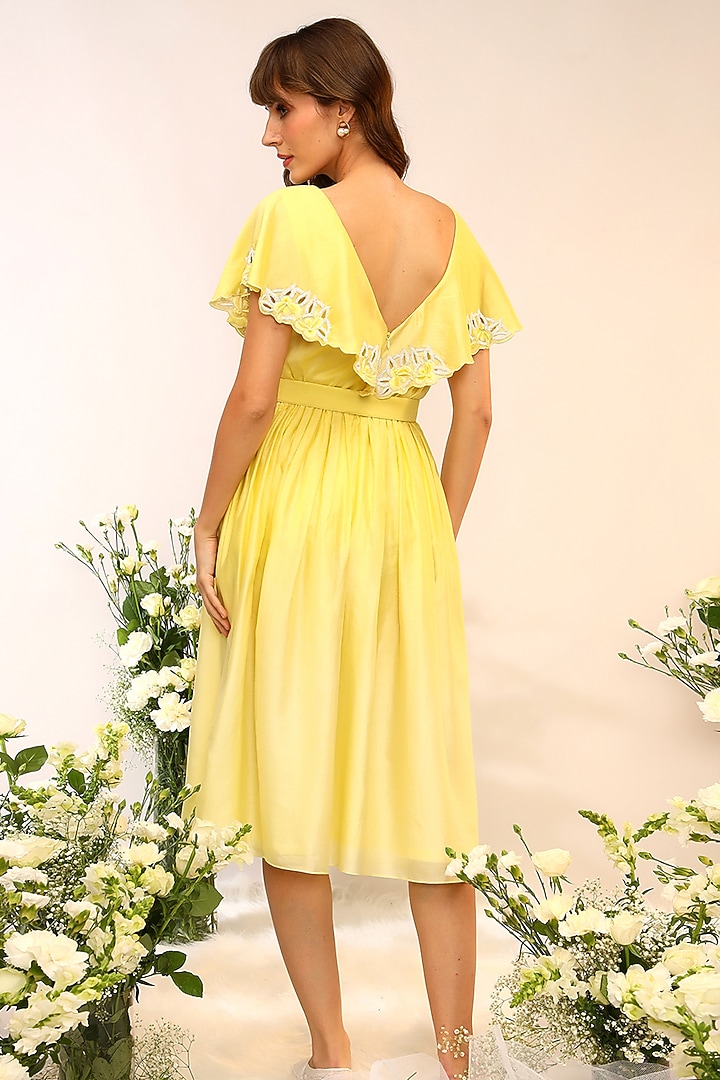 Citrus Yellow Chanderi Silk Hand & Machine Embroidered Midi Frilled Cocktail Dress by Sakshi Khetterpal at Pernia's Pop Up Shop