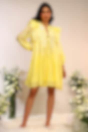 Citrus Yellow Chanderi Silk Hand & Machine Embroidered Mini Vacation Dress by Sakshi Khetterpal at Pernia's Pop Up Shop