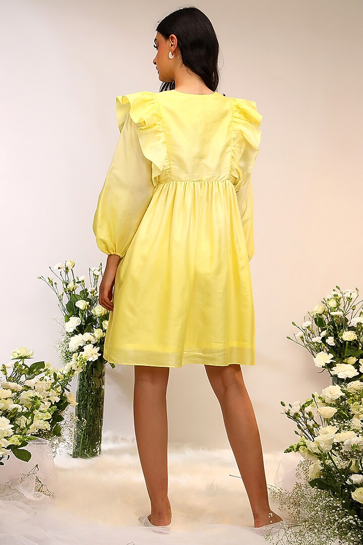 Citrus Yellow Chanderi Silk Hand & Machine Embroidered Mini Vacation Dress by Sakshi Khetterpal at Pernia's Pop Up Shop
