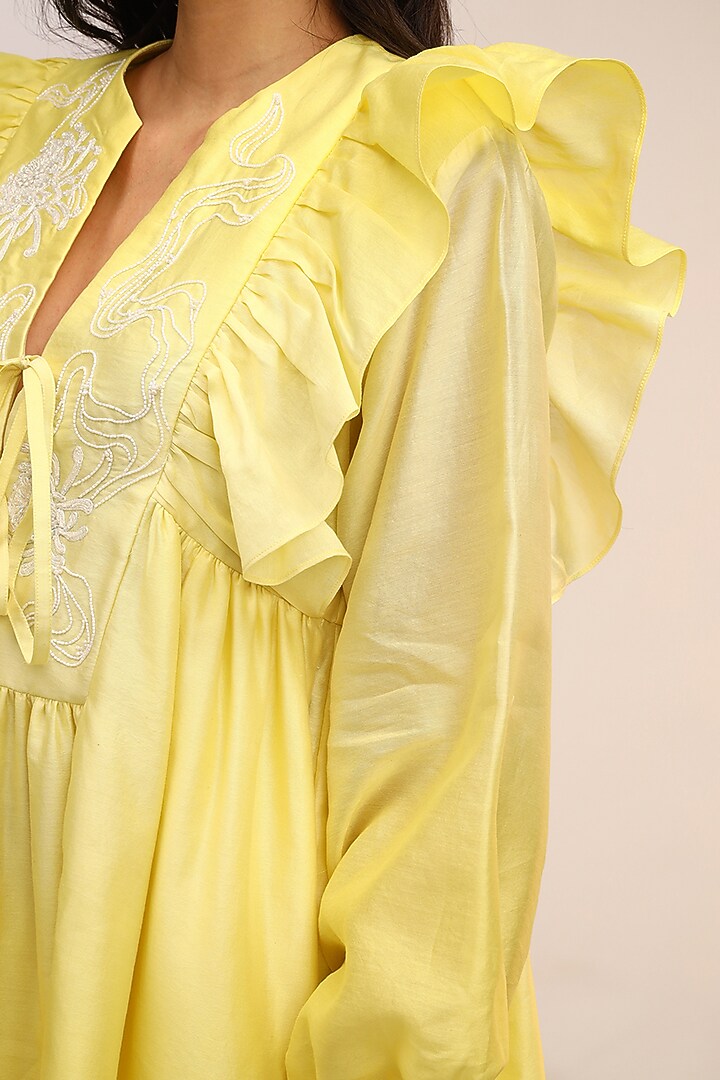 Citrus Yellow Chanderi Silk Hand & Machine Embroidered Mini Vacation Dress by Sakshi Khetterpal at Pernia's Pop Up Shop
