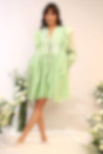 Kiwi Green Chanderi Silk Hand & Machine Embroidered Mini Vacation Dress by Sakshi Khetterpal at Pernia's Pop Up Shop