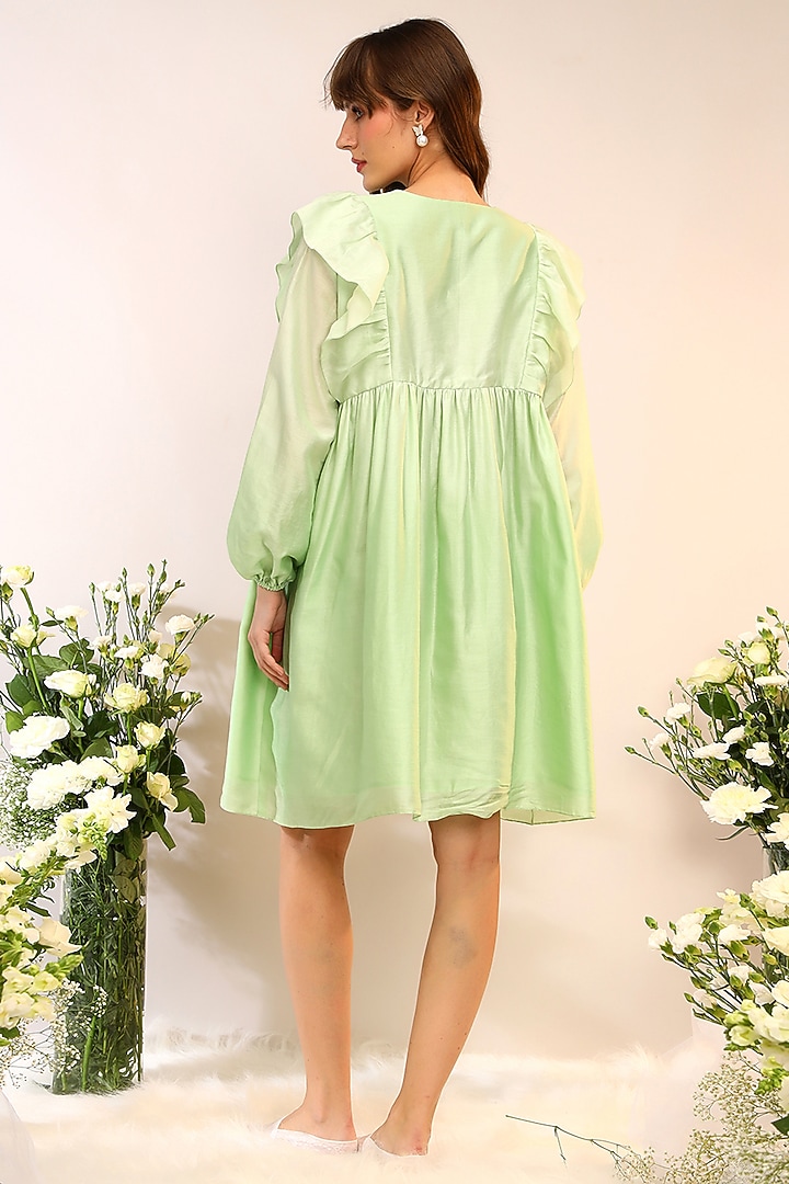 Kiwi Green Chanderi Silk Hand & Machine Embroidered Mini Vacation Dress by Sakshi Khetterpal at Pernia's Pop Up Shop