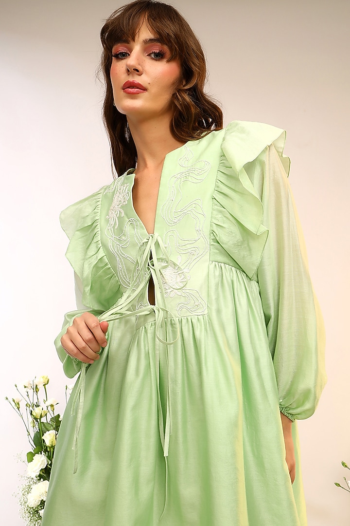 Kiwi Green Chanderi Silk Hand & Machine Embroidered Mini Vacation Dress by Sakshi Khetterpal at Pernia's Pop Up Shop
