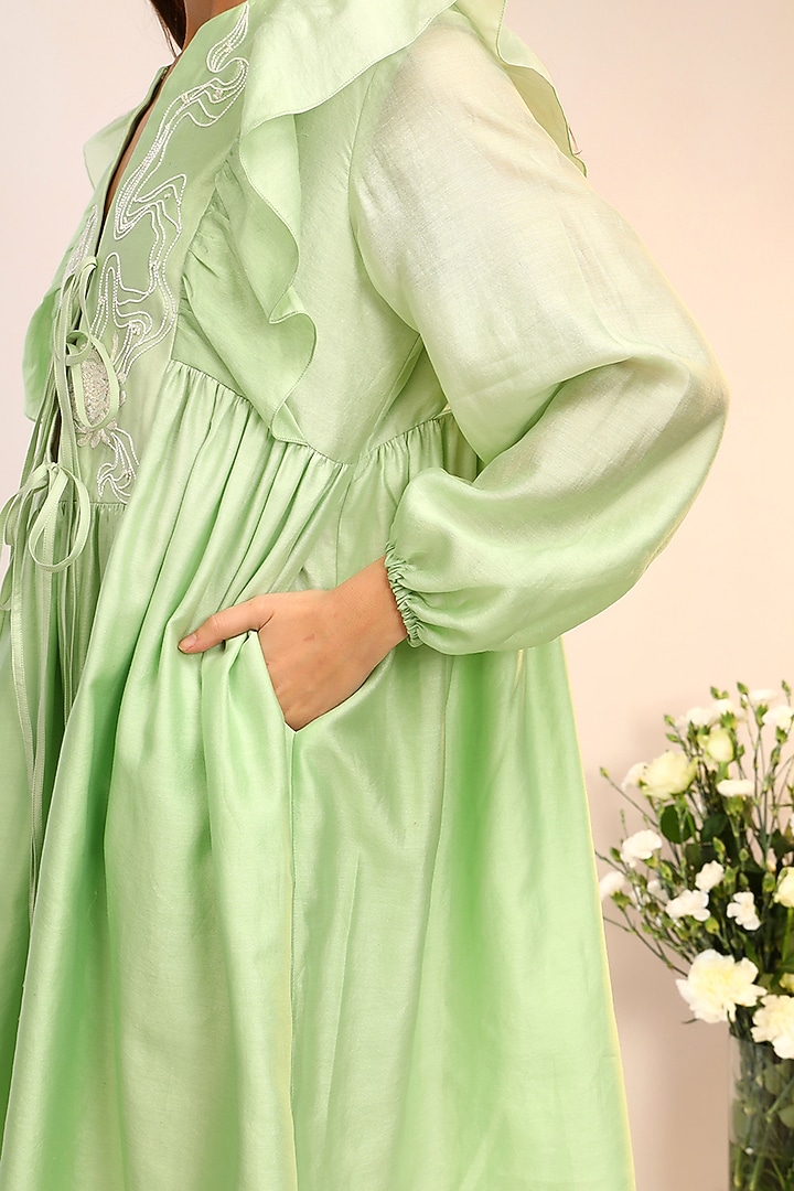 Kiwi Green Chanderi Silk Hand & Machine Embroidered Mini Vacation Dress by Sakshi Khetterpal at Pernia's Pop Up Shop
