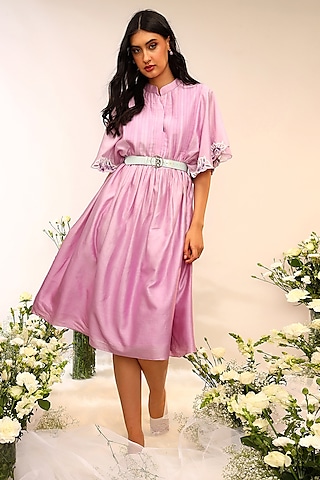 Berry Purple Chanderi Silk Hand & Machine Embroidered Midi Frilled Dress by Sakshi Khetterpal