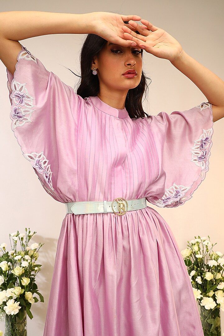 Berry Purple Chanderi Silk Hand & Machine Embroidered Midi Frilled Cocktail Dress by Sakshi Khetterpal at Pernia's Pop Up Shop