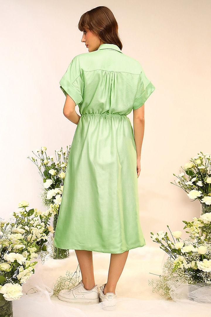 Kiwi Green Chanderi Silk Hand & Machine Embroidered Midi Vacation Dress by Sakshi Khetterpal at Pernia's Pop Up Shop