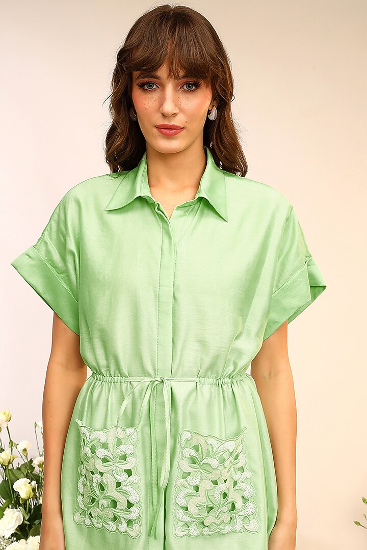 Kiwi Green Chanderi Silk Hand & Machine Embroidered Midi Vacation Dress by Sakshi Khetterpal at Pernia's Pop Up Shop