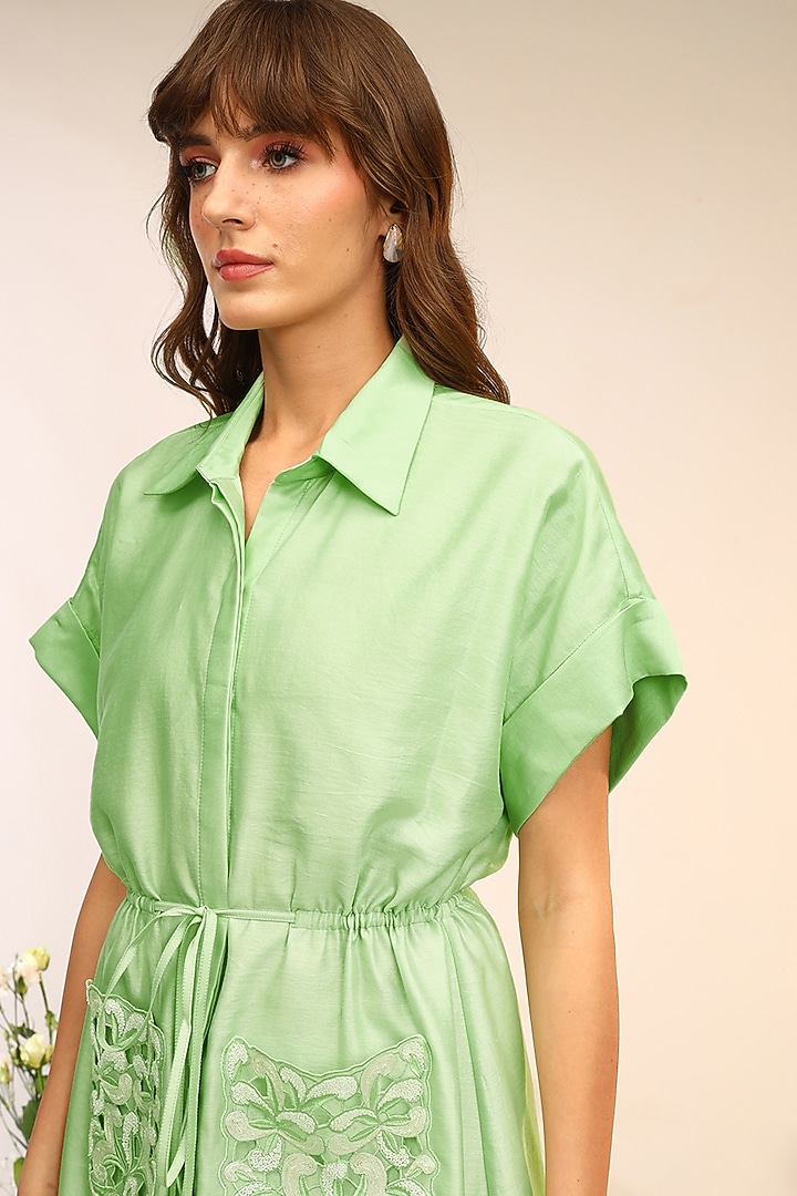 Kiwi Green Chanderi Silk Hand & Machine Embroidered Midi Vacation Dress by Sakshi Khetterpal at Pernia's Pop Up Shop