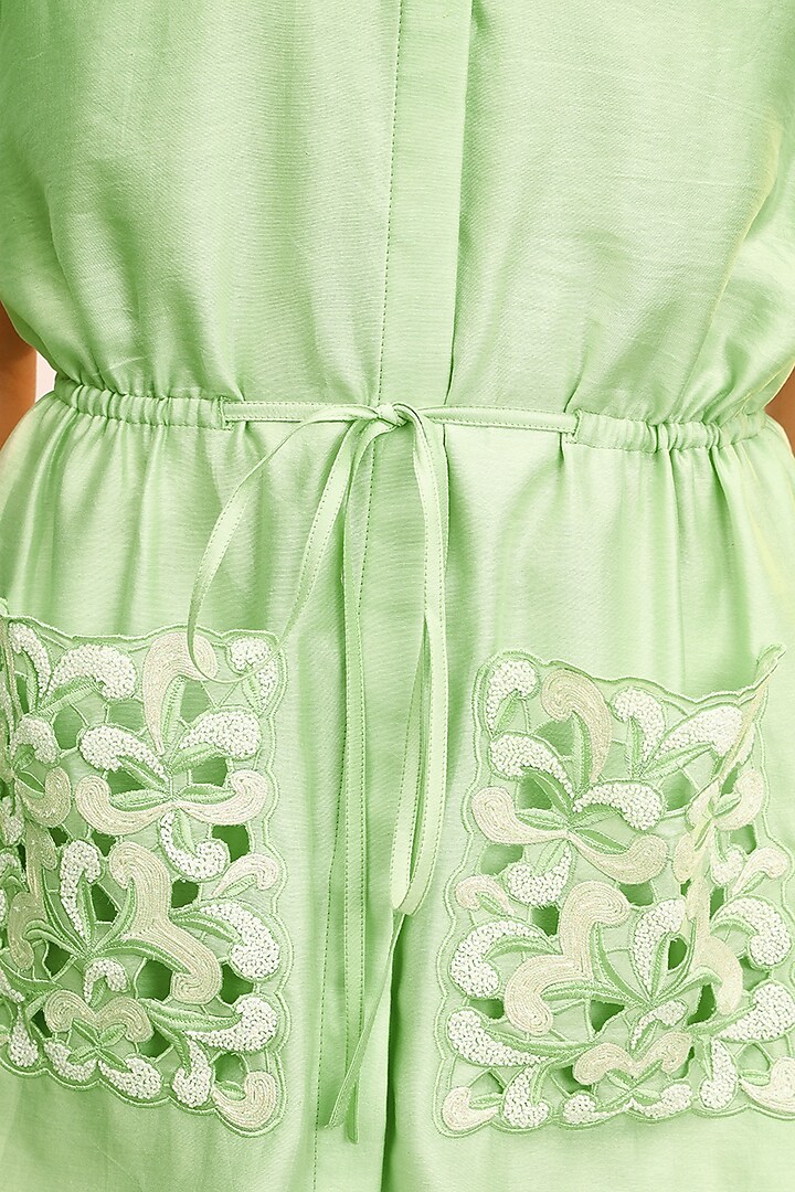 Kiwi Green Chanderi Silk Hand & Machine Embroidered Midi Vacation Dress by Sakshi Khetterpal at Pernia's Pop Up Shop