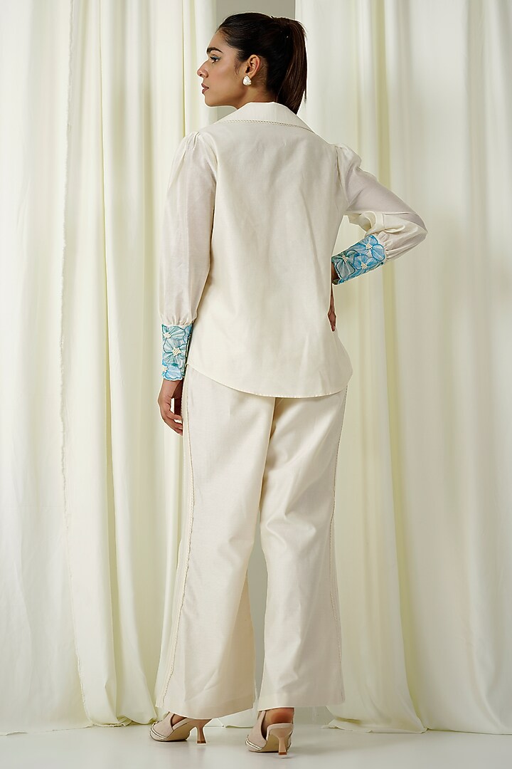 Ivory & Teal Blue Chanderi Embroidered Co-Ord Set by Sakshi Khetterpal at Pernia's Pop Up Shop