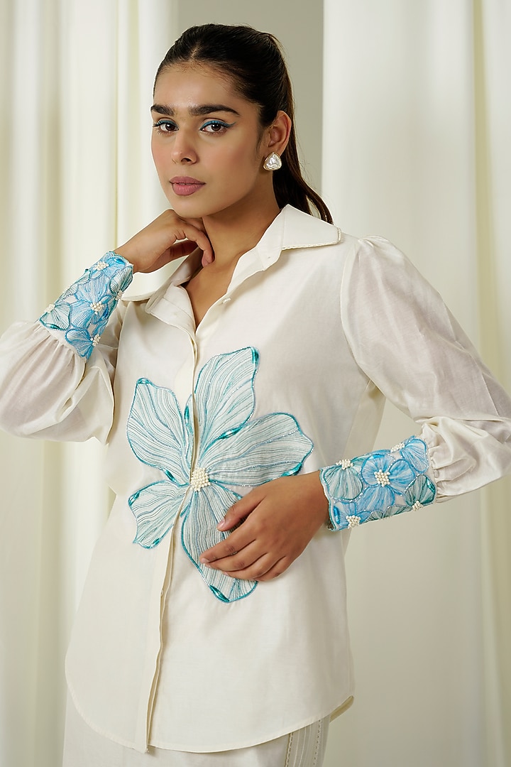 Ivory & Teal Blue Chanderi Embroidered Co-Ord Set by Sakshi Khetterpal at Pernia's Pop Up Shop