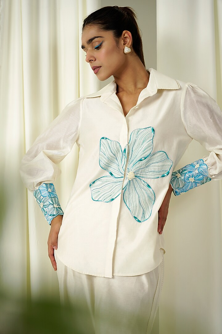 Ivory & Teal Blue Chanderi Embroidered Co-Ord Set by Sakshi Khetterpal at Pernia's Pop Up Shop