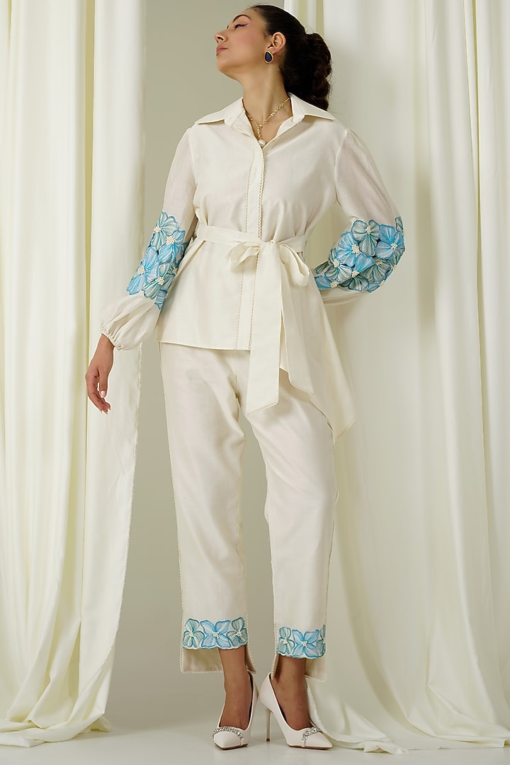 Ivory & Teal Blue Chanderi Embroidered Co-Ord Set by Sakshi Khetterpal at Pernia's Pop Up Shop
