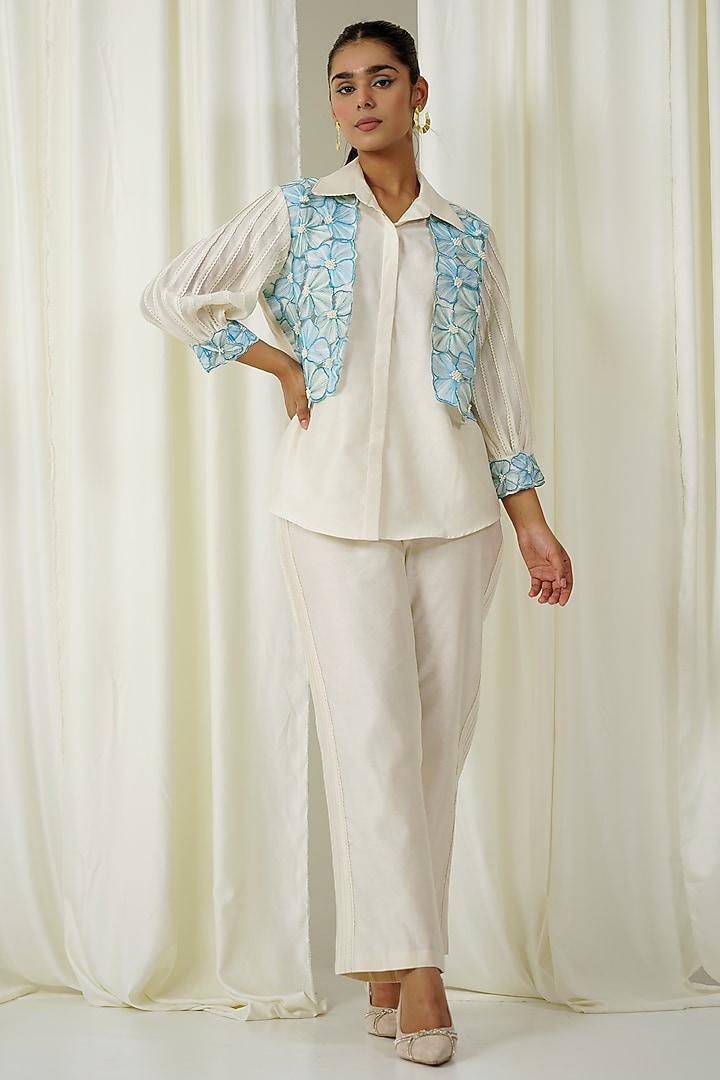 Ivory & Teal Blue Chanderi Embroidered Co-Ord Set by Sakshi Khetterpal at Pernia's Pop Up Shop