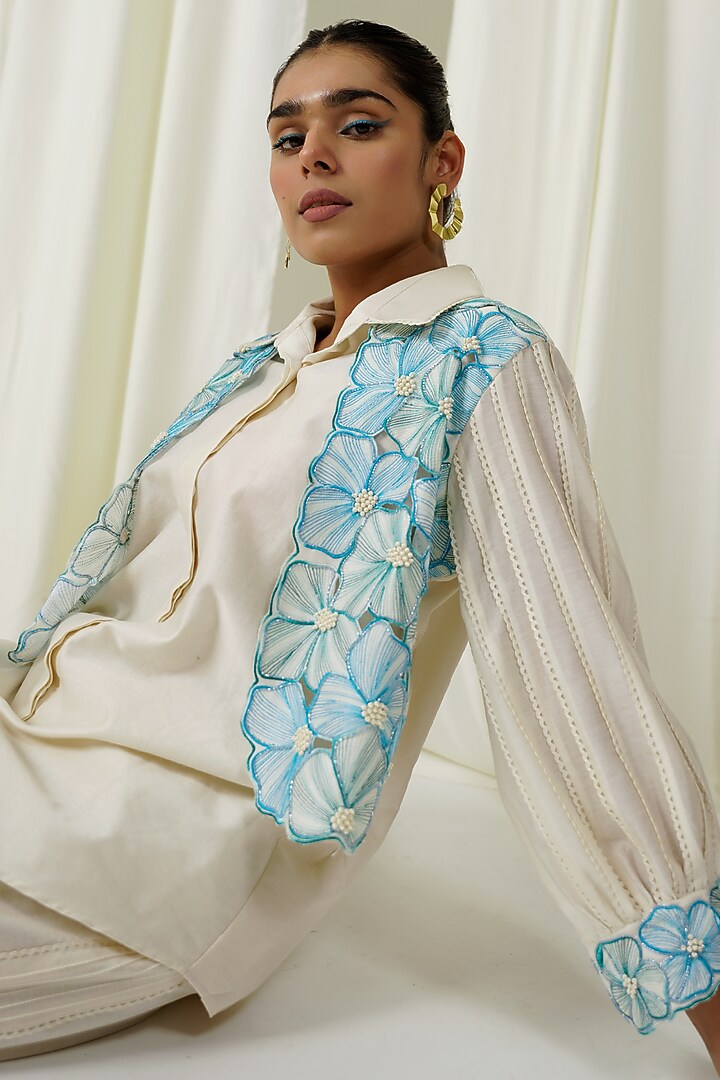 Ivory & Teal Blue Chanderi Embroidered Co-Ord Set by Sakshi Khetterpal at Pernia's Pop Up Shop