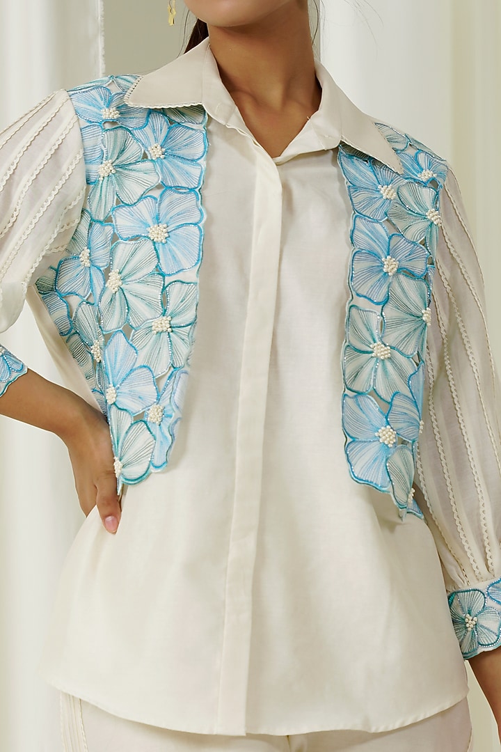 Ivory & Teal Blue Chanderi Embroidered Co-Ord Set by Sakshi Khetterpal at Pernia's Pop Up Shop