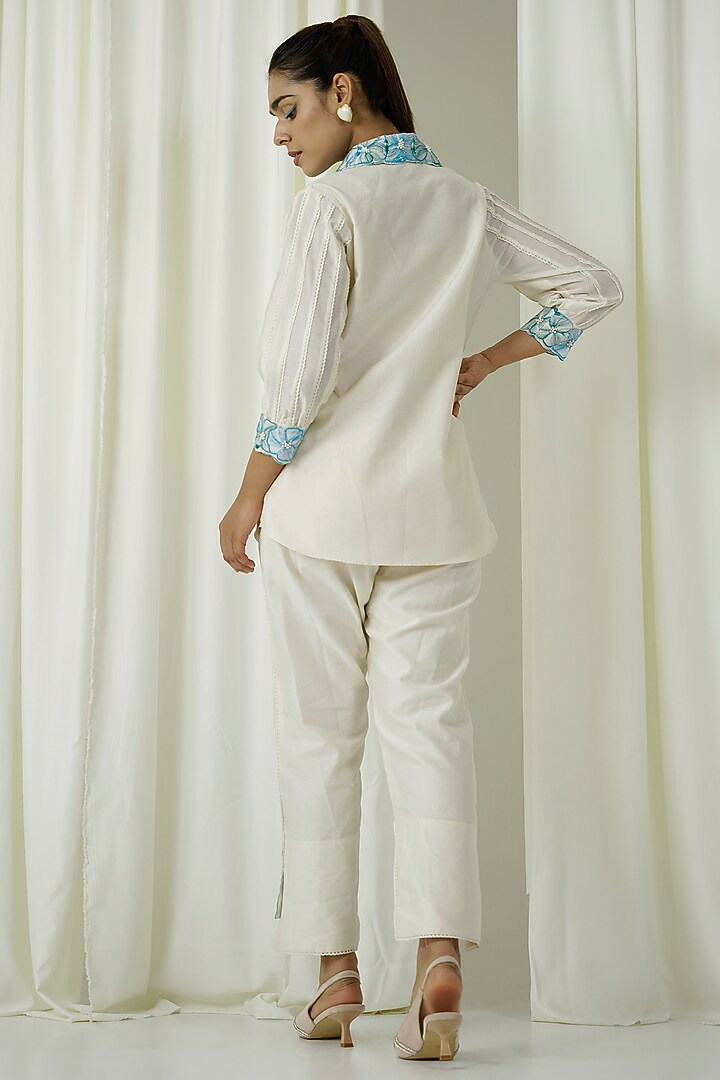Ivory & Teal Blue Chanderi Embroidered Co-Ord Set by Sakshi Khetterpal at Pernia's Pop Up Shop
