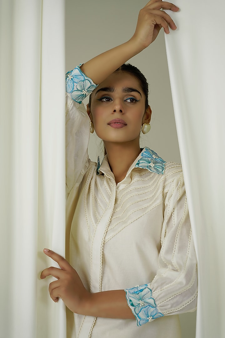 Ivory & Teal Blue Chanderi Embroidered Co-Ord Set by Sakshi Khetterpal at Pernia's Pop Up Shop