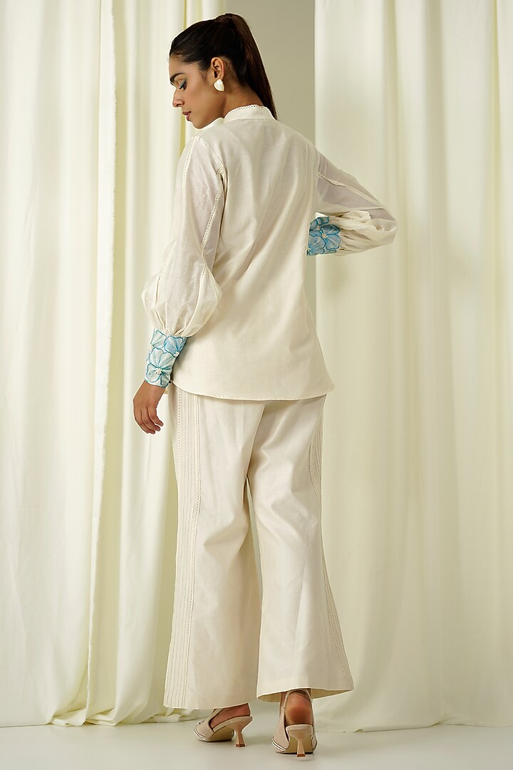 Ivory & Teal Blue Chanderi Embroidered Co-Ord Set by Sakshi Khetterpal at Pernia's Pop Up Shop