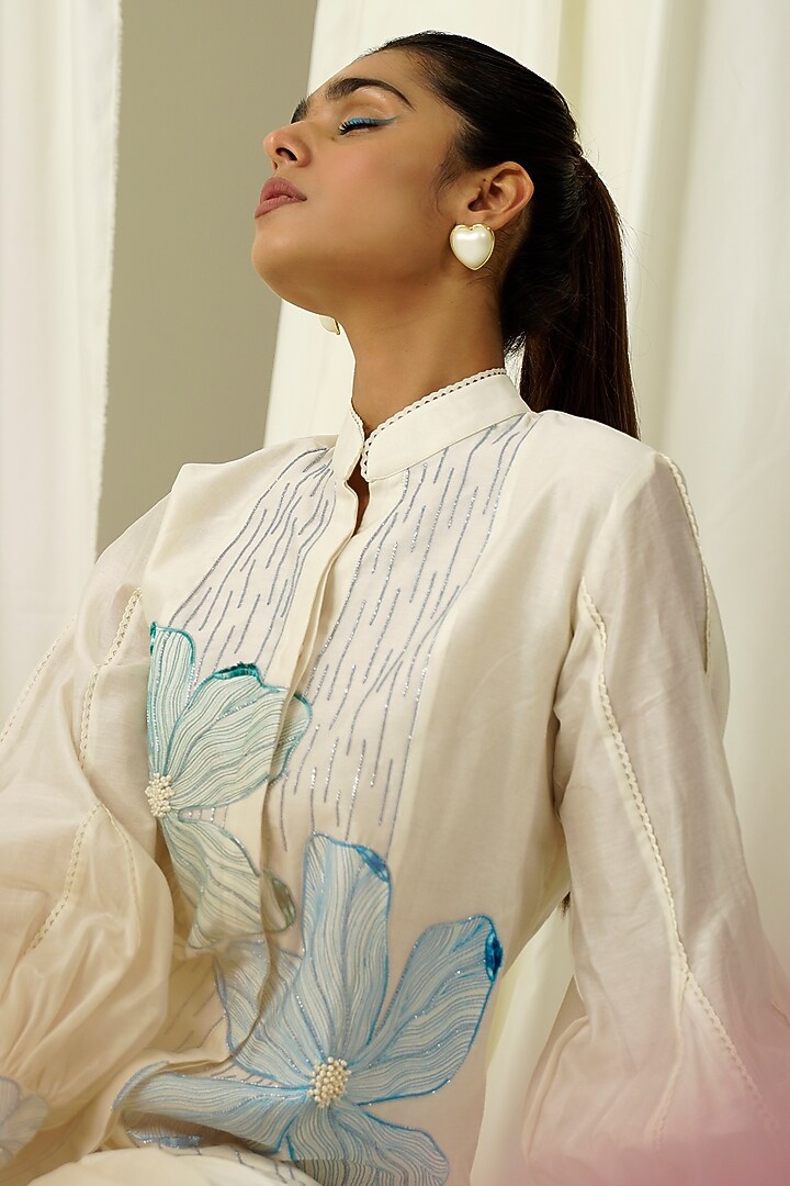 Ivory & Teal Blue Chanderi Embroidered Co-Ord Set by Sakshi Khetterpal at Pernia's Pop Up Shop