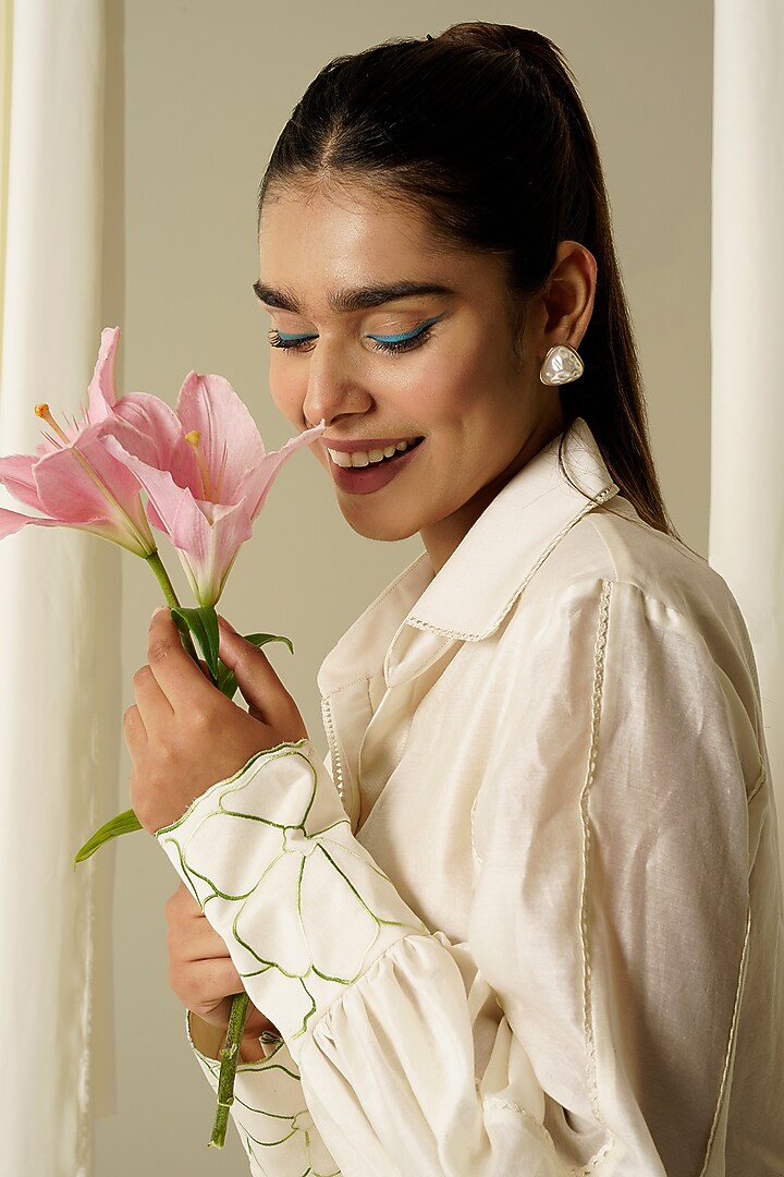Ivory Chanderi Embroidered Summer Shirt Dress by Sakshi Khetterpal at Pernia's Pop Up Shop