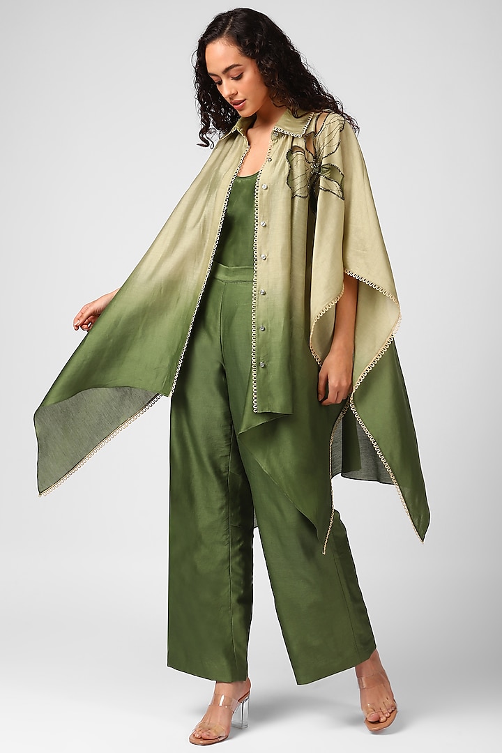 Olive Night Embroidered Cape Set by Sakshi Khetterpal