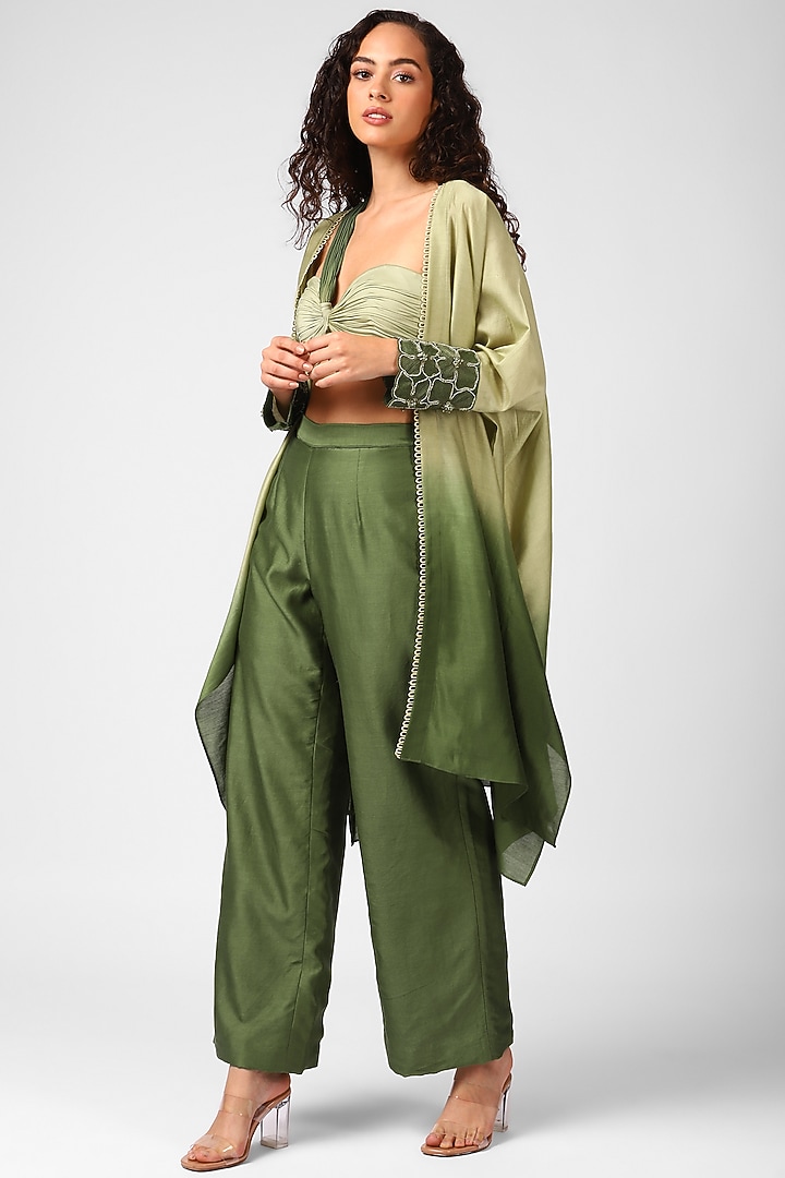 Olive Night Embroidered Cape Set by Sakshi Khetterpal at Pernia's Pop Up Shop
