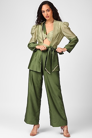 Olive Night Chanderi Silk Blazer Set by Sakshi Khetterpal