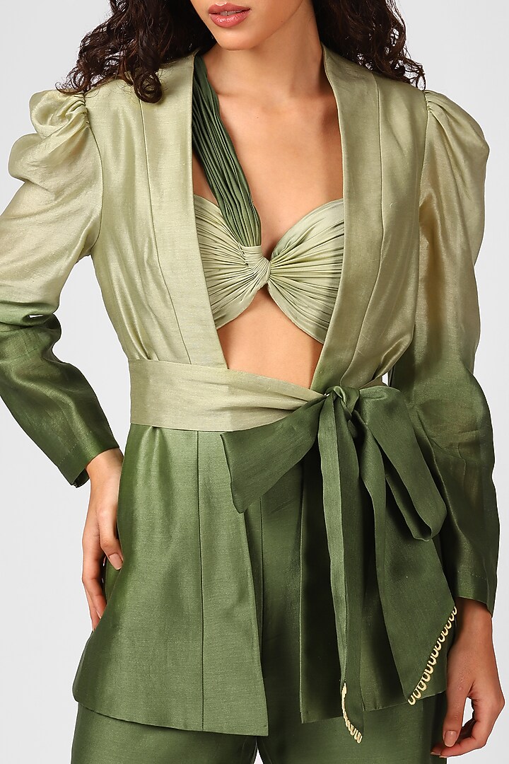 Olive Night Chanderi Silk Blazer Set by Sakshi Khetterpal at Pernia's Pop Up Shop