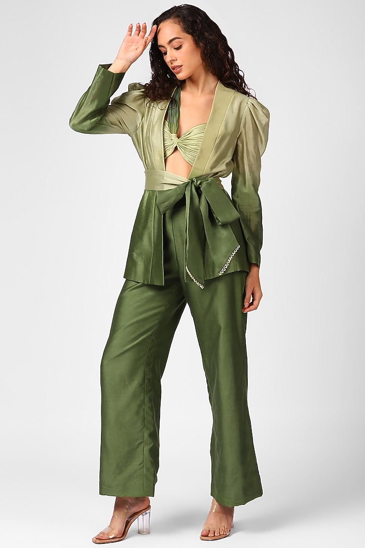 Olive Night Chanderi Silk Blazer Set by Sakshi Khetterpal at Pernia's Pop Up Shop
