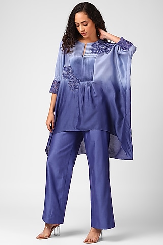 Very Peri Silk Embroidered Kaftan Set by Sakshi Khetterpal