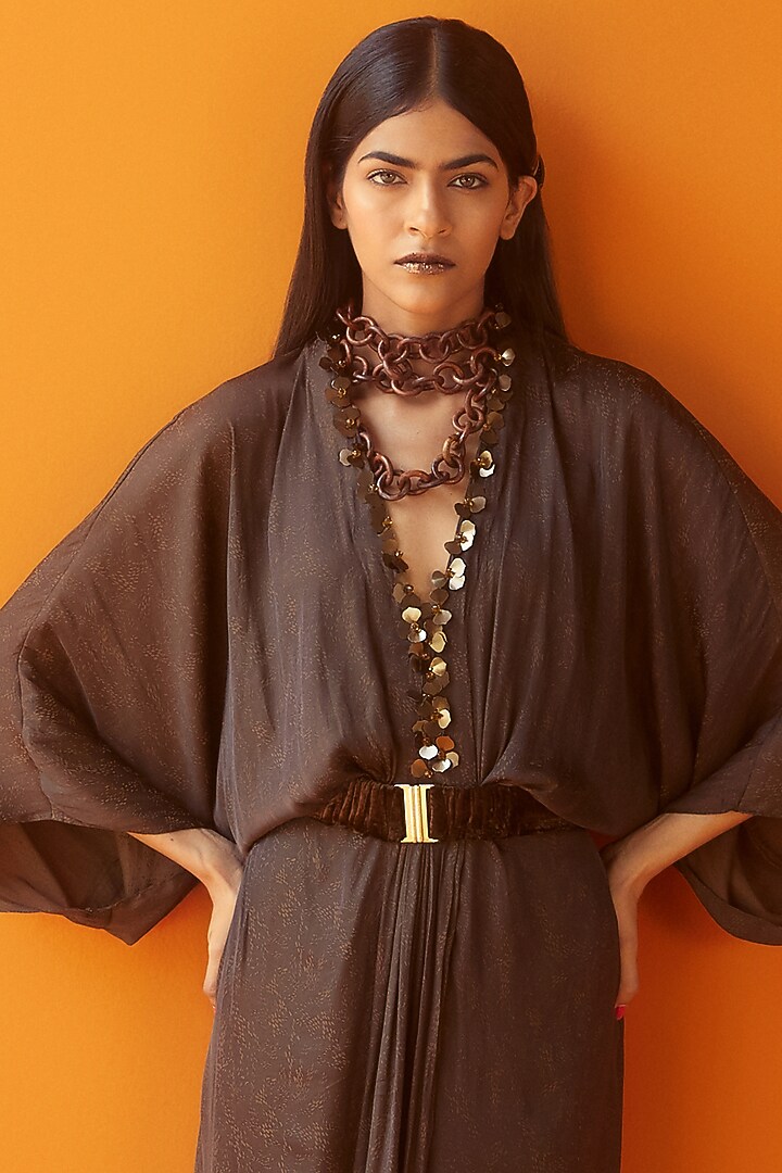 Cocoa Brown Embroidered Kaftan Vacation Dress by Sakshi Khetterpal at Pernia's Pop Up Shop