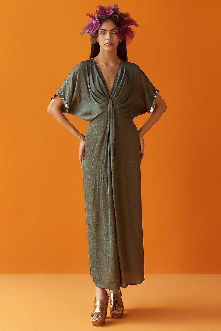 Olive Green Draped Kaftan Dress by Sakshi Khetterpal at Pernia's Pop Up Shop