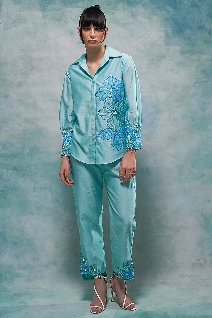 Aqua Ice Blue Chanderi Co-Ord Set by Sakshi Khetterpal at Pernia's Pop Up Shop