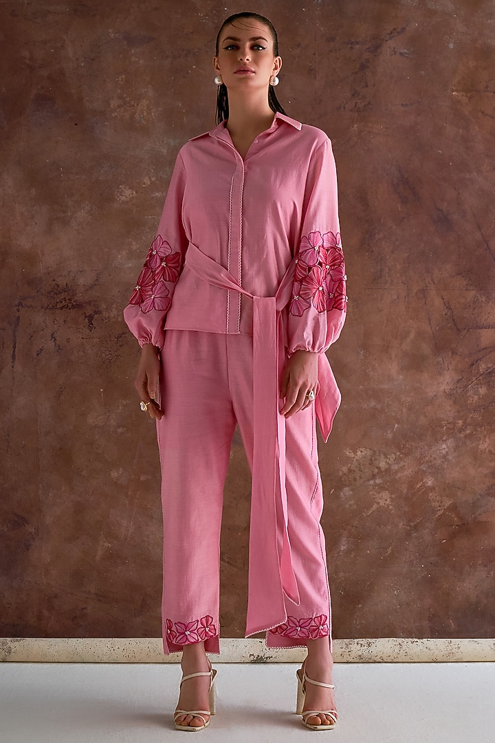 Candy Pink Cutwork Embroidered Chanderi Co-Ord Set by Sakshi Khetterpal at Pernia's Pop Up Shop